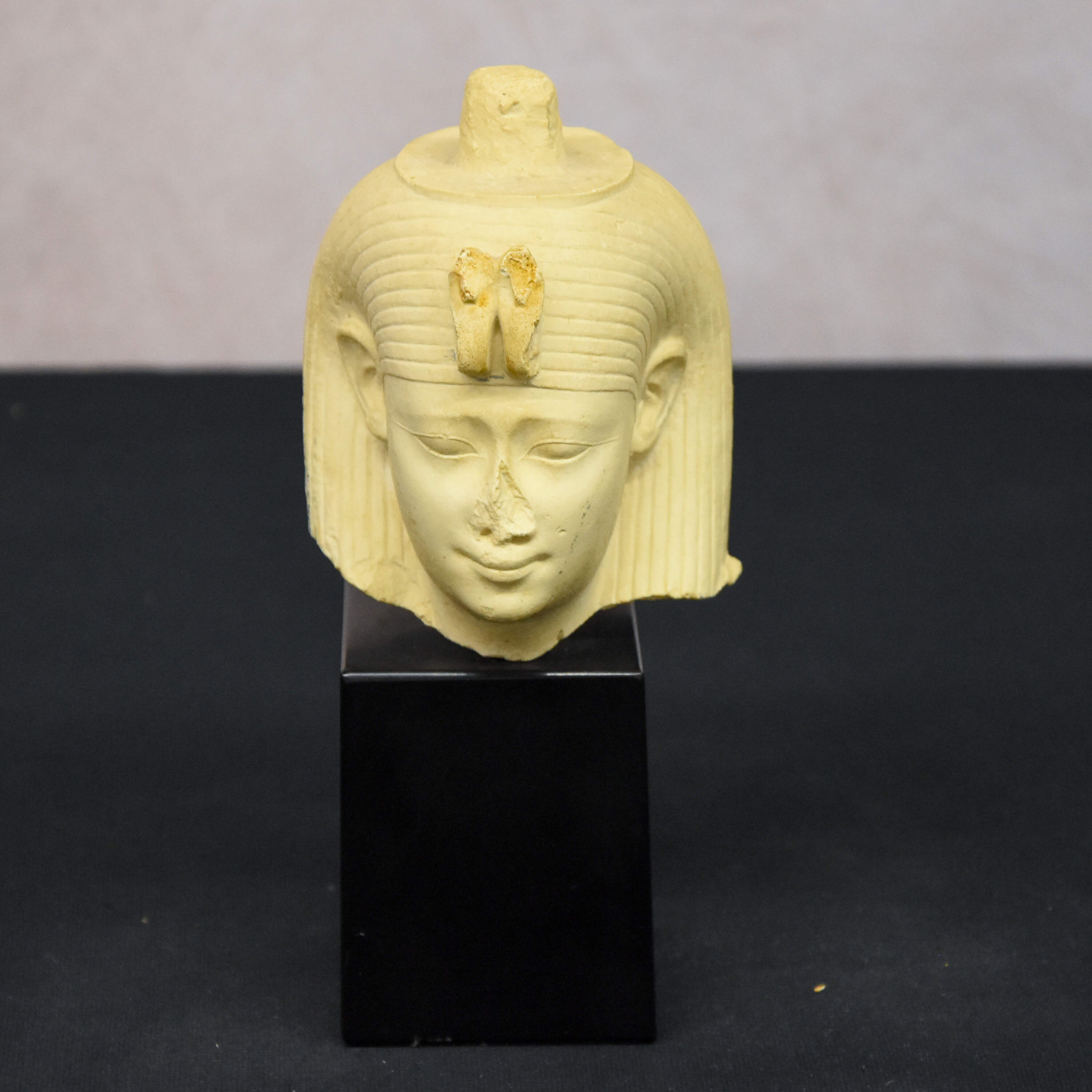 King Tut Egyptian Stone Composite Sculpture on Wooden Pedestal Base-1