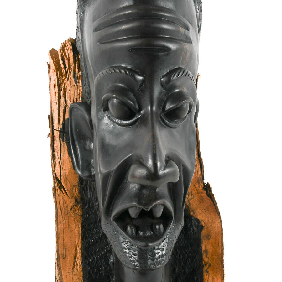 Painted Black Carved Wood Sculpture of a Man's Face-2