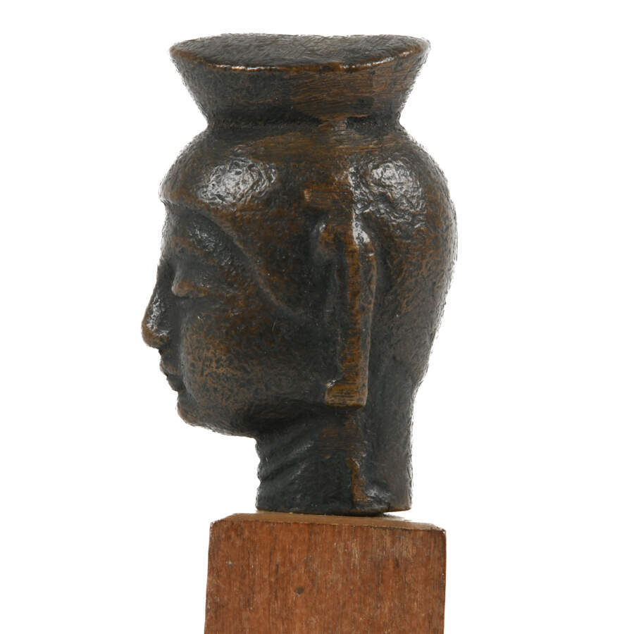 Miniature Bronze Head of Bodhisattva on Wood Base-13