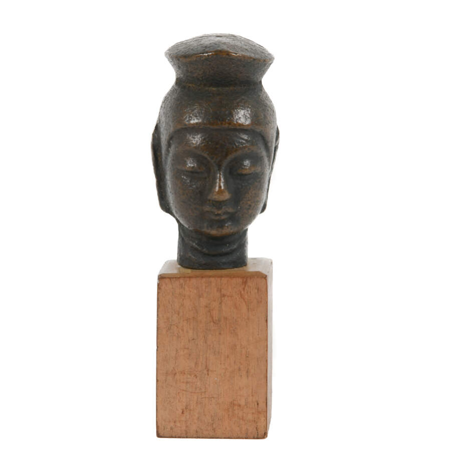 Miniature Bronze Head of Bodhisattva on Wood Base-8