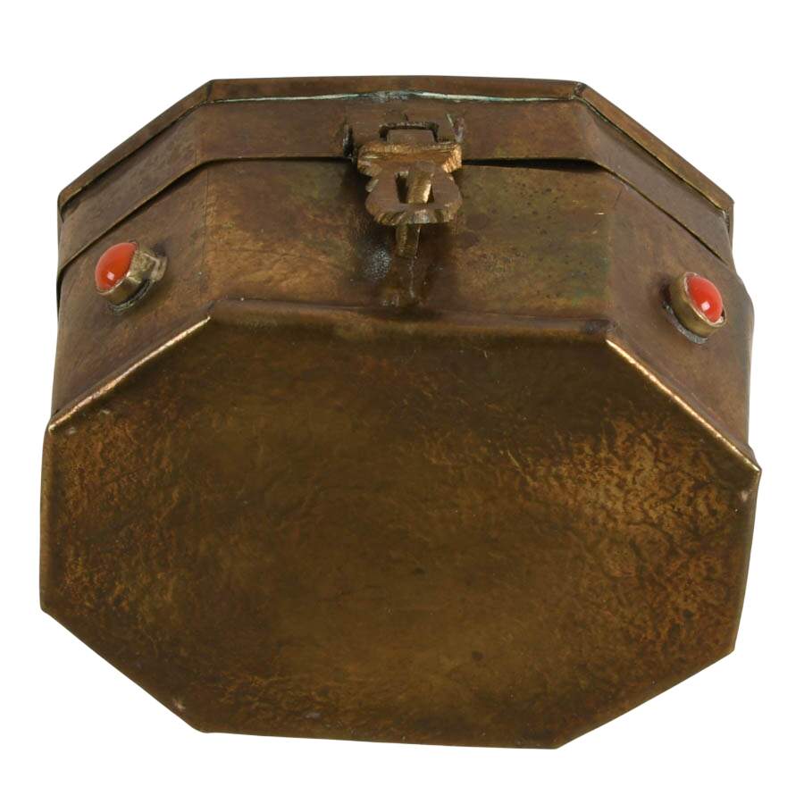 1970s Bejeweled Turquoise and Coral Stone Octagonal Brass Box-10