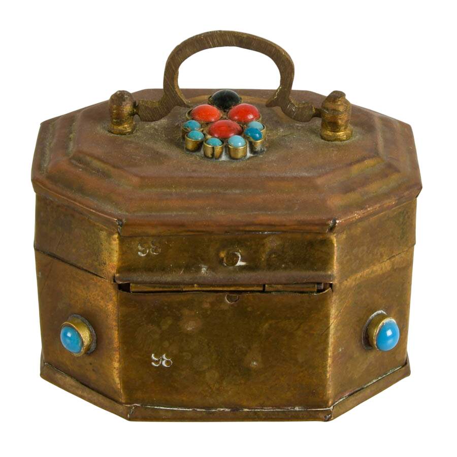 1970s Bejeweled Turquoise and Coral Stone Octagonal Brass Box-5