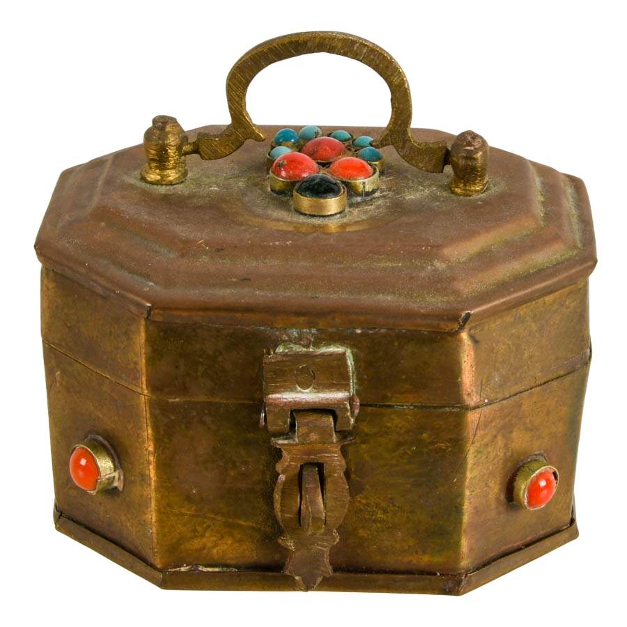 1970s Bejeweled Turquoise and Coral Stone Octagonal Brass Box-1
