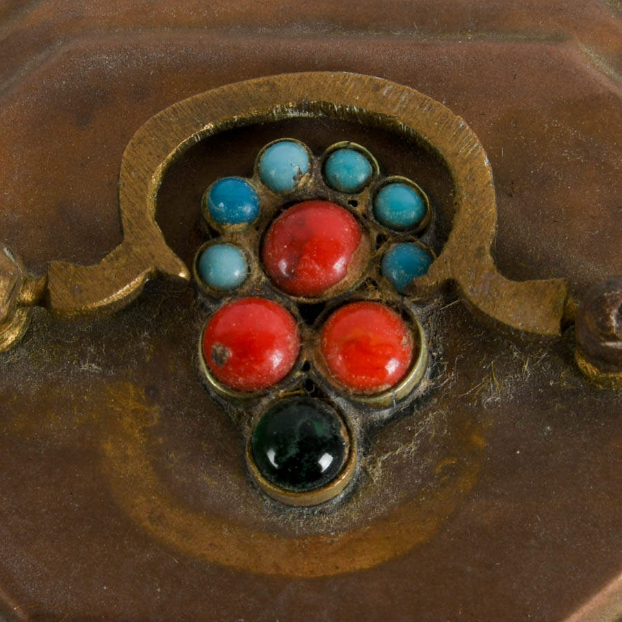 1970s Bejeweled Turquoise and Coral Stone Octagonal Brass Box-2