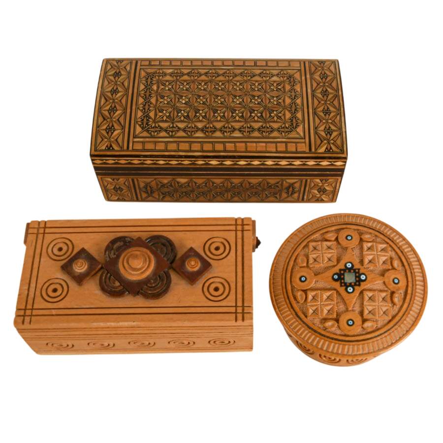 Three Handcrafted Russian Wooden Jewelry Boxes-1