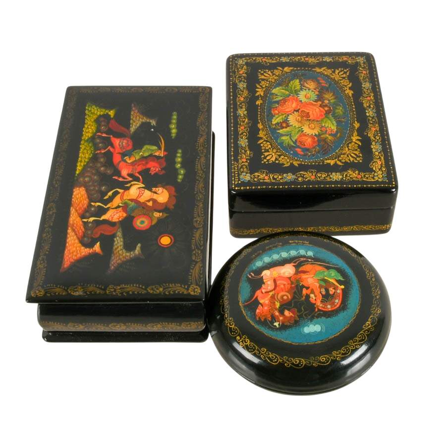 Trio of Russian Mstera Lacquer Jewelry Boxes-2