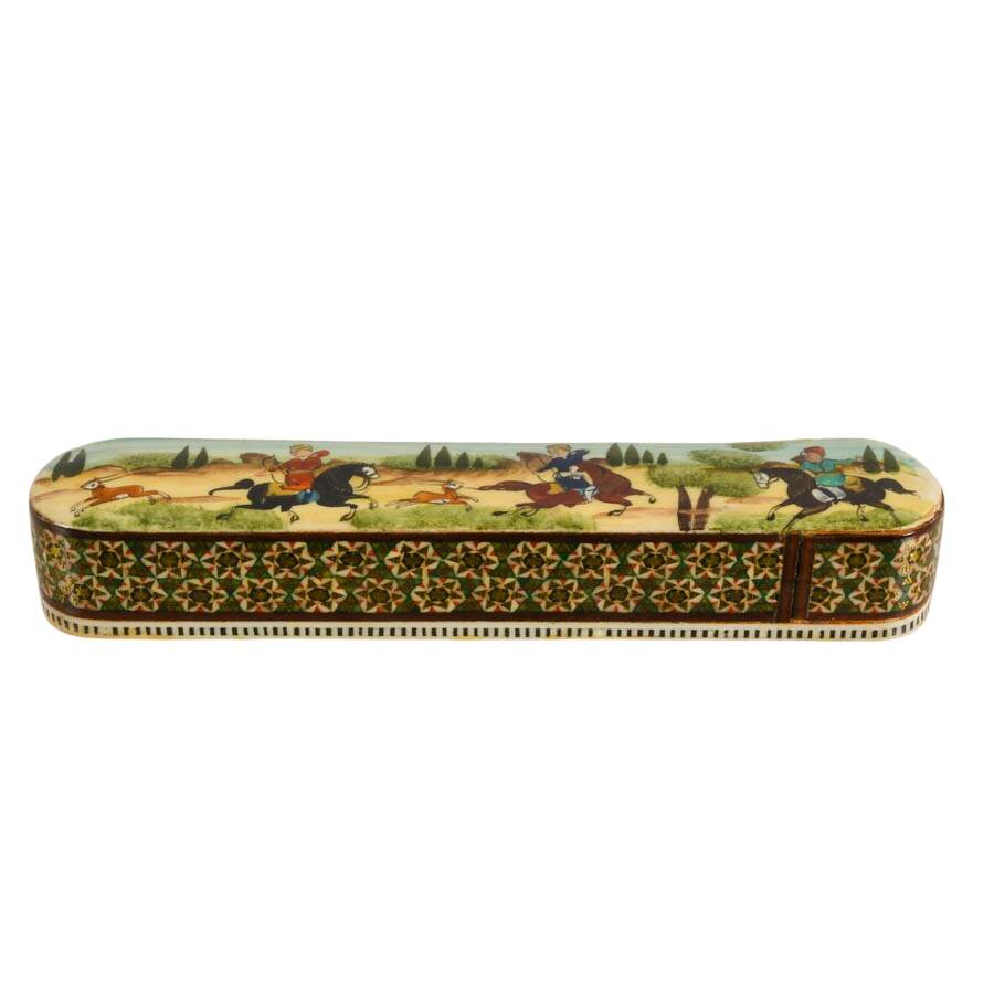 Khatam Marquetry Qalamdan Pen Box with Hand-Painted Equestrian Miniature-2