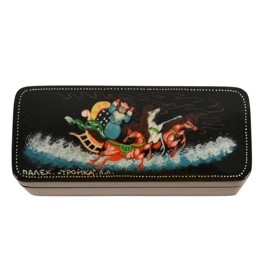 Pair of Russian Palekh School Troika Sled Lacquer Boxes-5