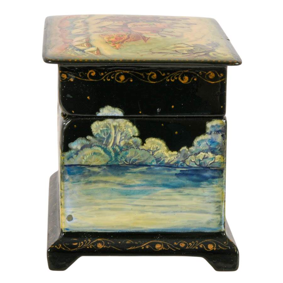 Signed Russian Fedoskino Troika Sled and Winter Scene Black Lacquer Box-8