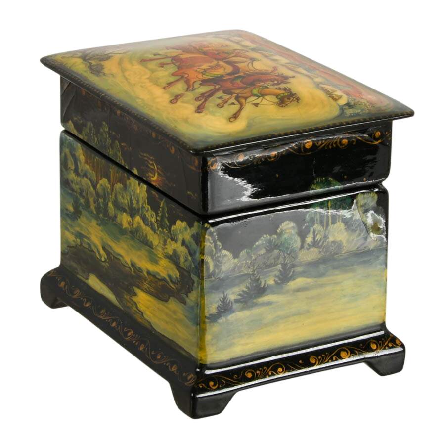 Signed Russian Fedoskino Troika Sled and Winter Scene Black Lacquer Box-7