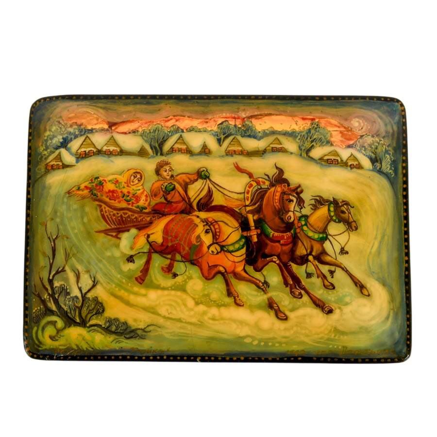 Signed Russian Fedoskino Troika Sled and Winter Scene Black Lacquer Box-2