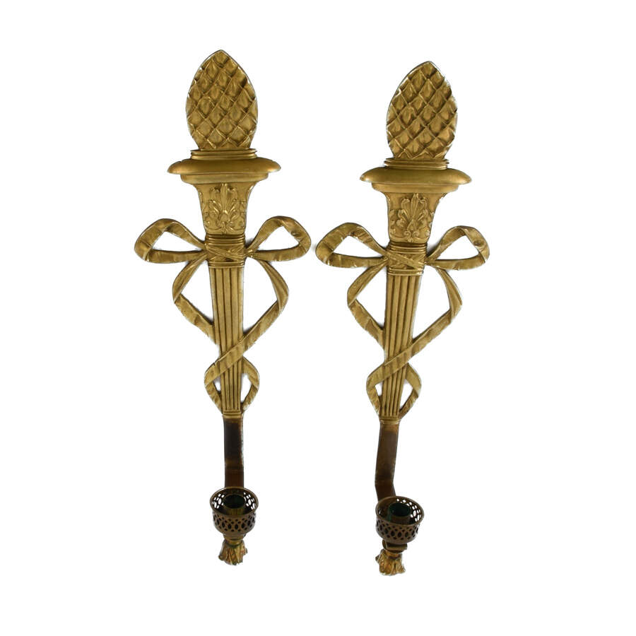 Pair of Virginia Metalcrafters Torch and Ribbon Brass Wall Sconces-1