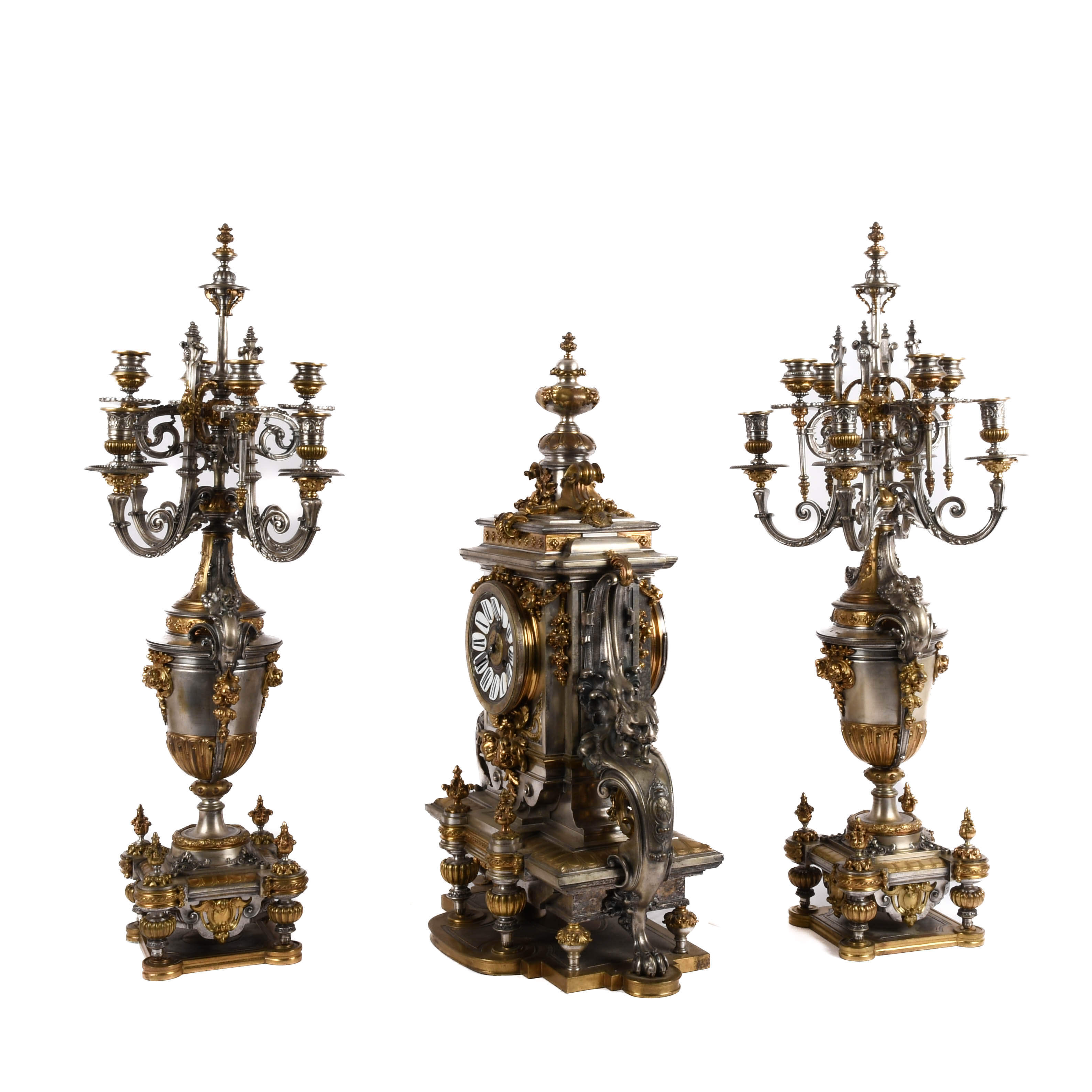 Antique French Empire Gilded Silver and Ormolu Candelabras and Clock Set-2