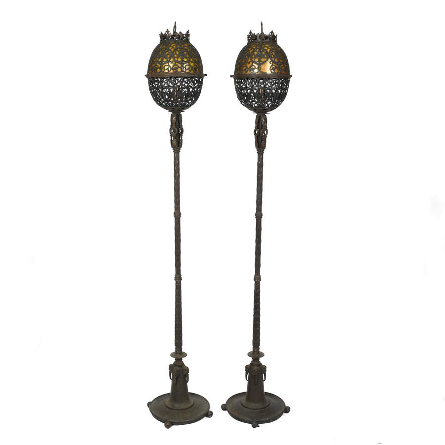 Antique Signed Oscar Bruno Bach Bronze and Aurene Glass Torchiere Lamps-1