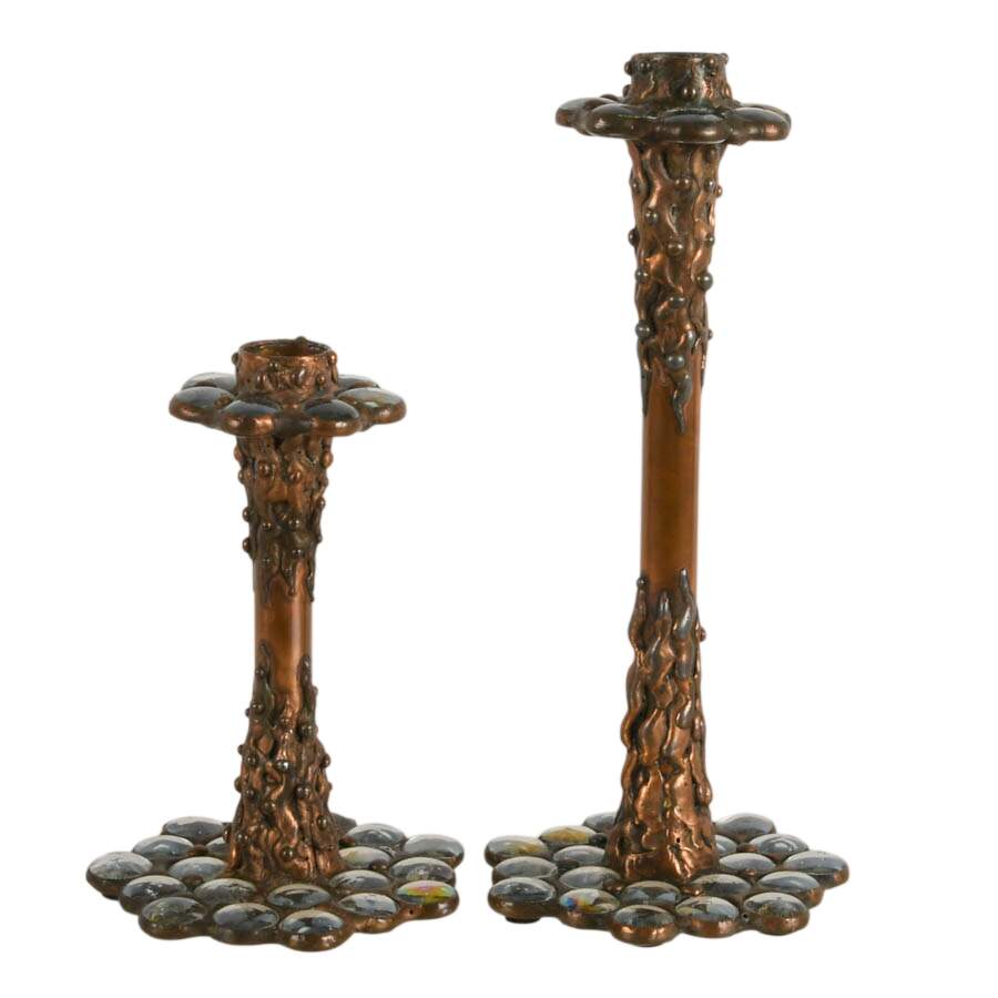 Pair of Handmade Glass and Copper Candlesticks Attributed to Diane Markin-1