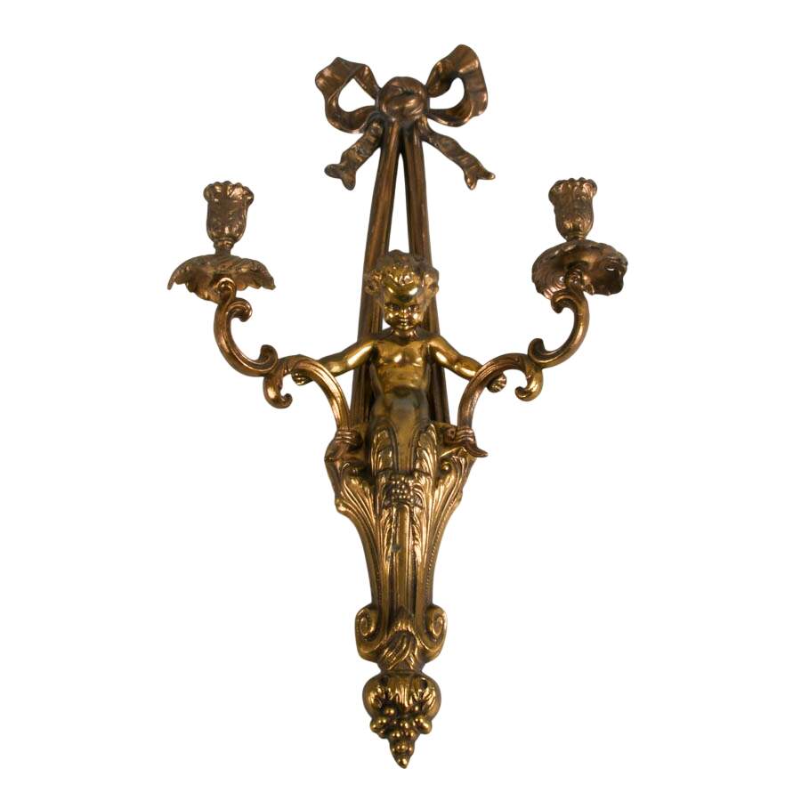 Antique Pair of French Louis XVI-Style Metal Cherub Wall Candleholder-3