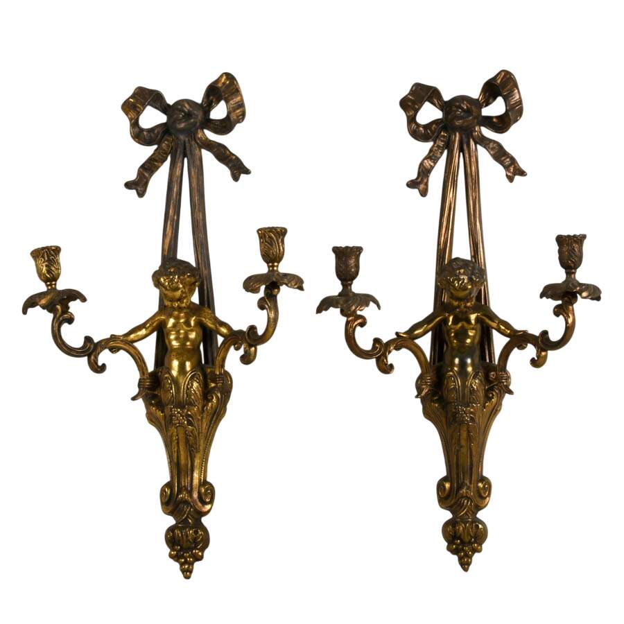 Antique Pair of French Louis XVI-Style Metal Cherub Wall Candleholder-1