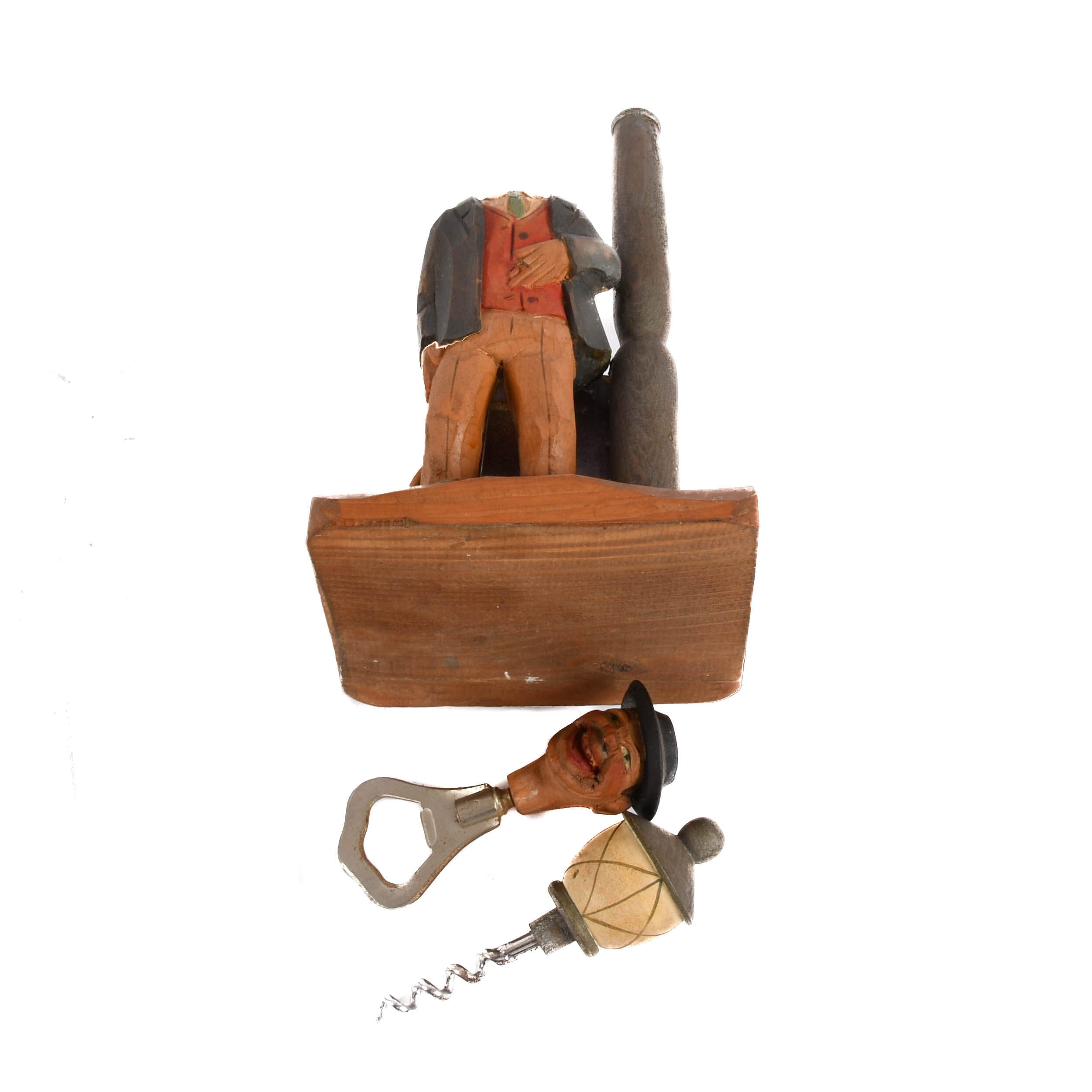 Hand-Carved ANRI Drunk Lamp Post Music Box and Bottle Opener-8