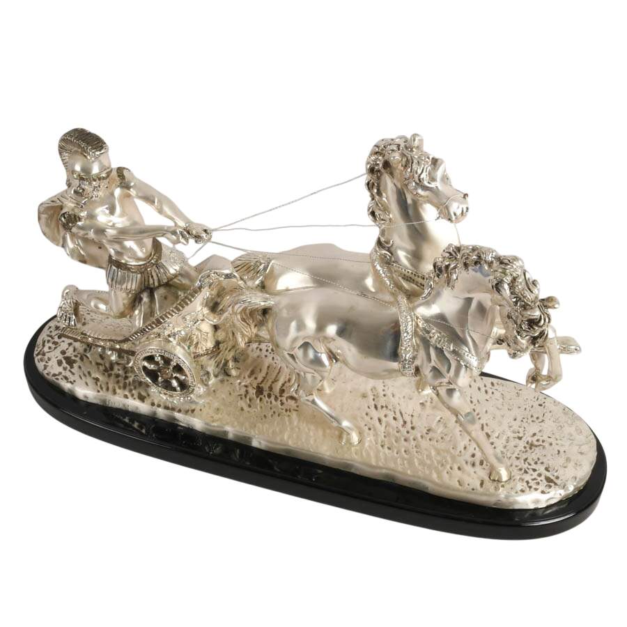 Signed A. Santini Silvered Roman Chariot Sculpture-7