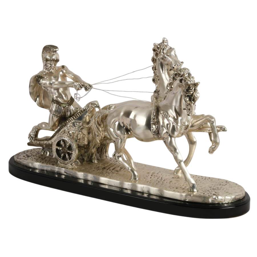 Signed A. Santini Silvered Roman Chariot Sculpture-6