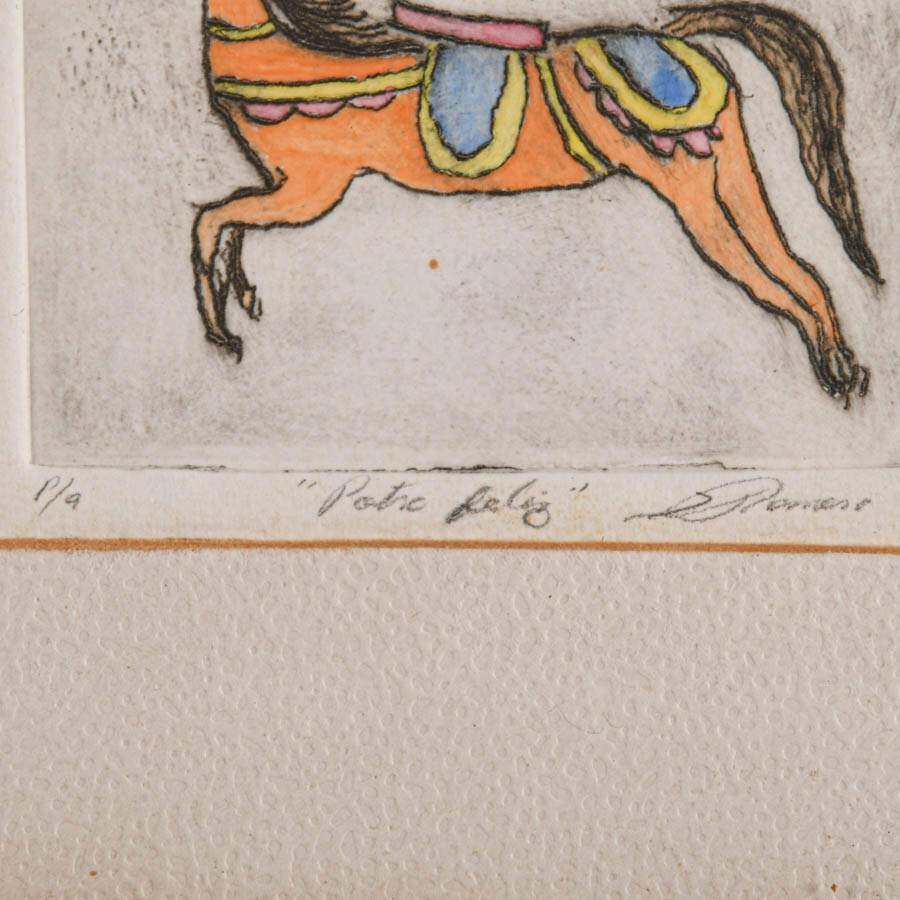 Framed Signed and Numbered "Potre Feliz" Happy Stallion Drawing with Stand-3