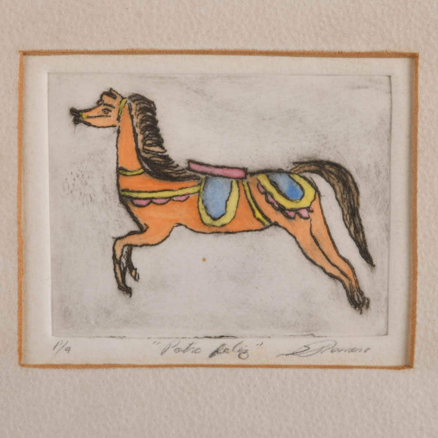 Framed Signed and Numbered "Potre Feliz" Happy Stallion Drawing with Stand-2