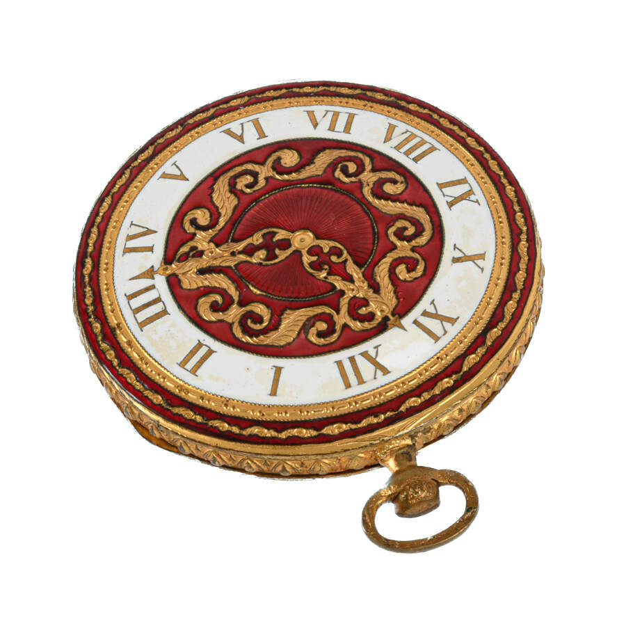 Italian Florentine Red and White Enamel Pocket Watch Compact-3