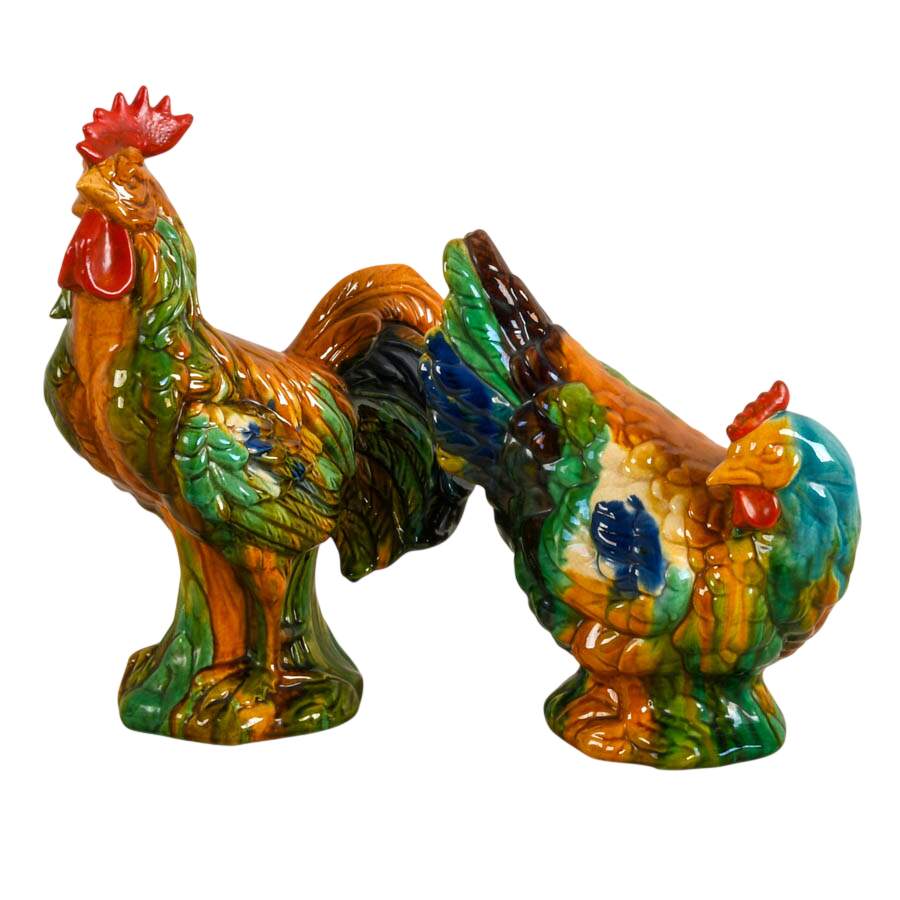 Pair of Ceramic Majolica Rooster and Hen Figurines-2
