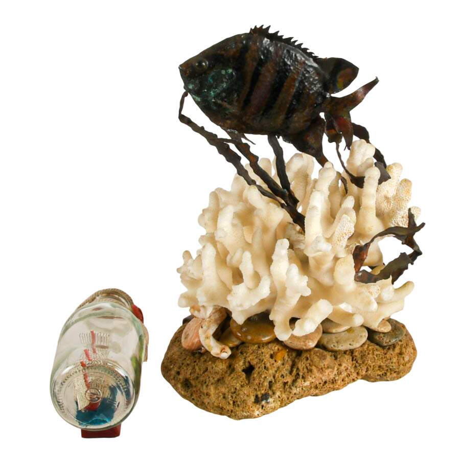 William Stetz Coral and Copper Sergeant Fish Sculpture with Ship in Bottle-4
