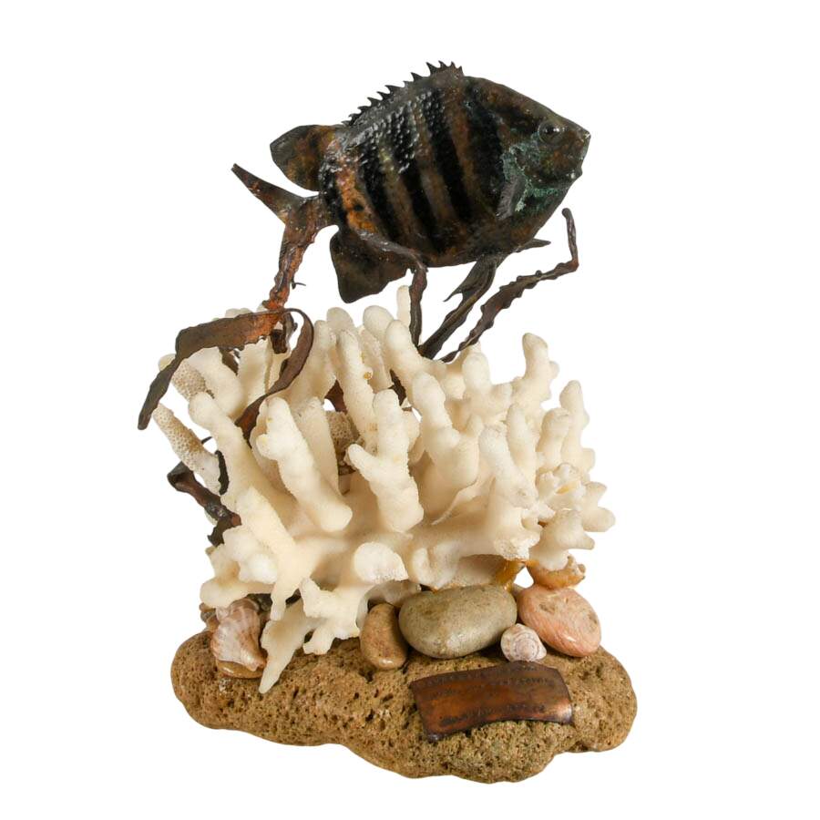 William Stetz Coral and Copper Sergeant Fish Sculpture with Ship in Bottle-3