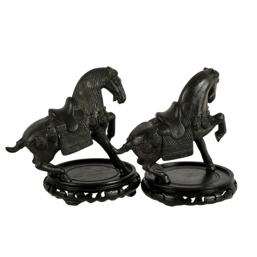Pair of Bronze Tang Horses on Round Black Stands-4