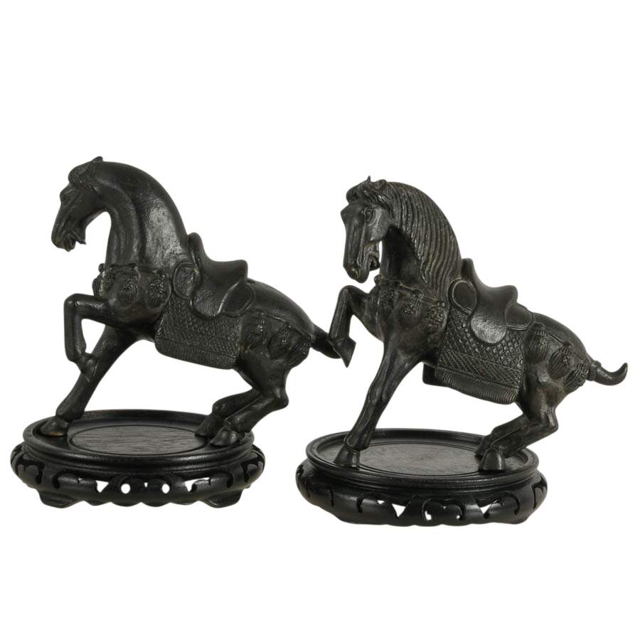 Pair of Bronze Tang Horses on Round Black Stands-3