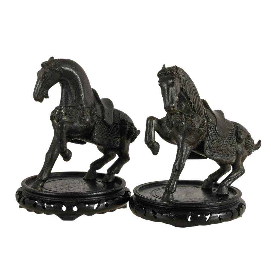 Pair of Bronze Tang Horses on Round Black Stands-2