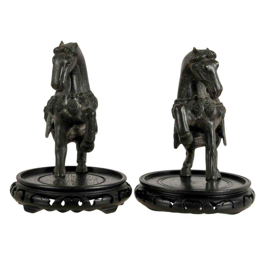 Pair of Bronze Tang Horses on Round Black Stands-1