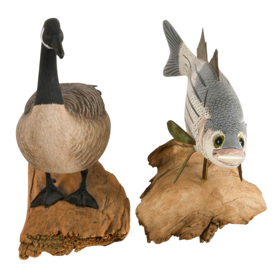 Pair of Signed Carved Wood Wildlife Sculptures on Driftwood Bases-4