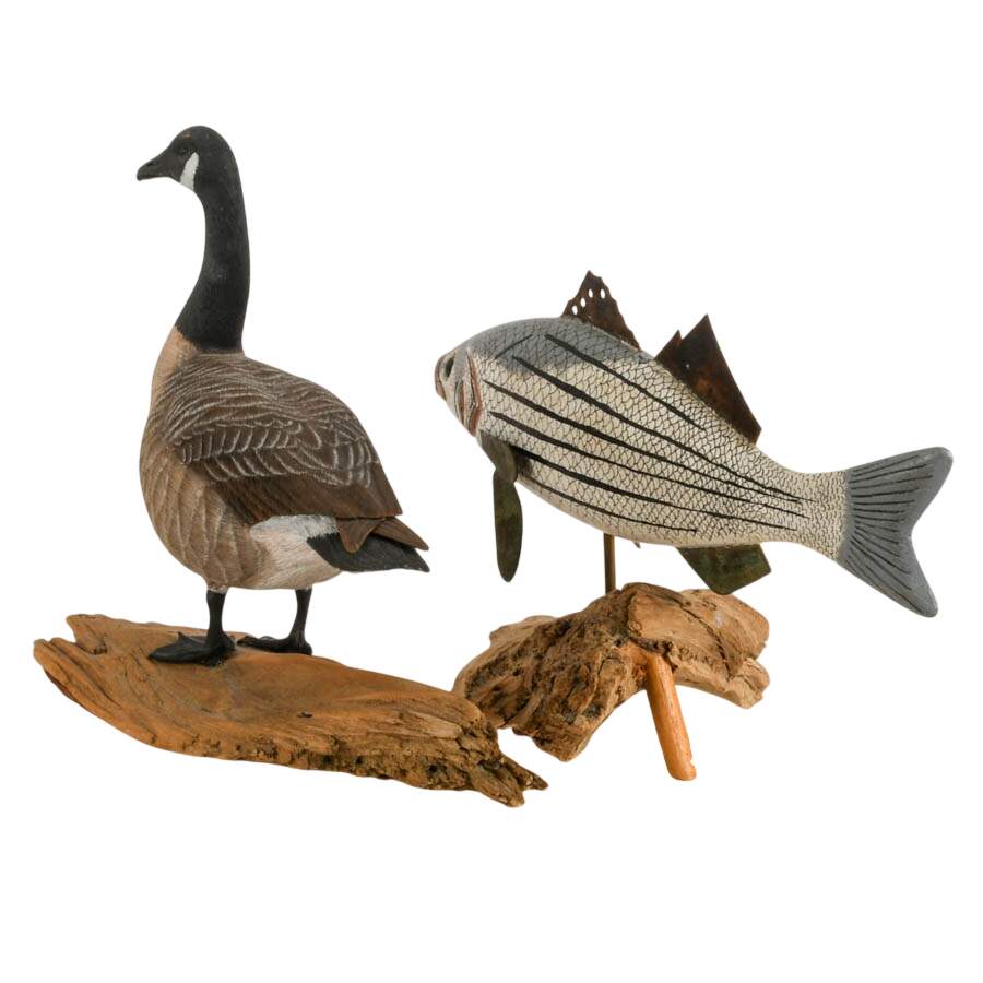 Pair of Signed Carved Wood Wildlife Sculptures on Driftwood Bases-2