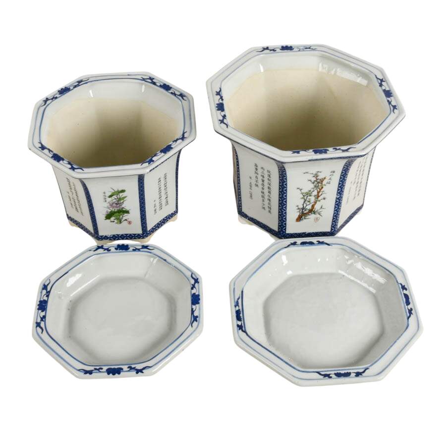 Pair of Chinese Sometsuke Hexagonal Bonsai Tree Pots-4
