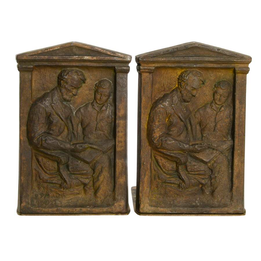 Antique Pair of "Lincoln & Son Reading" Bookends Designed by Olga Popoff-1