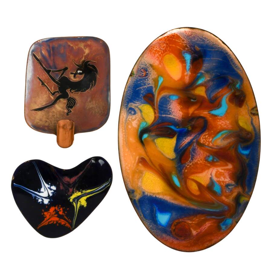 Three-Piece Mid-Century Modern Swirled Enamel on Copper Dishes and Ashtray-2