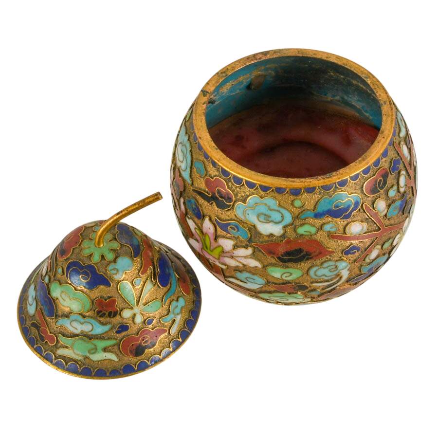 3-Piece Chinese Cloisonné Lovers Set: Pear Box Candle, Vase, & Egg Pendant-3