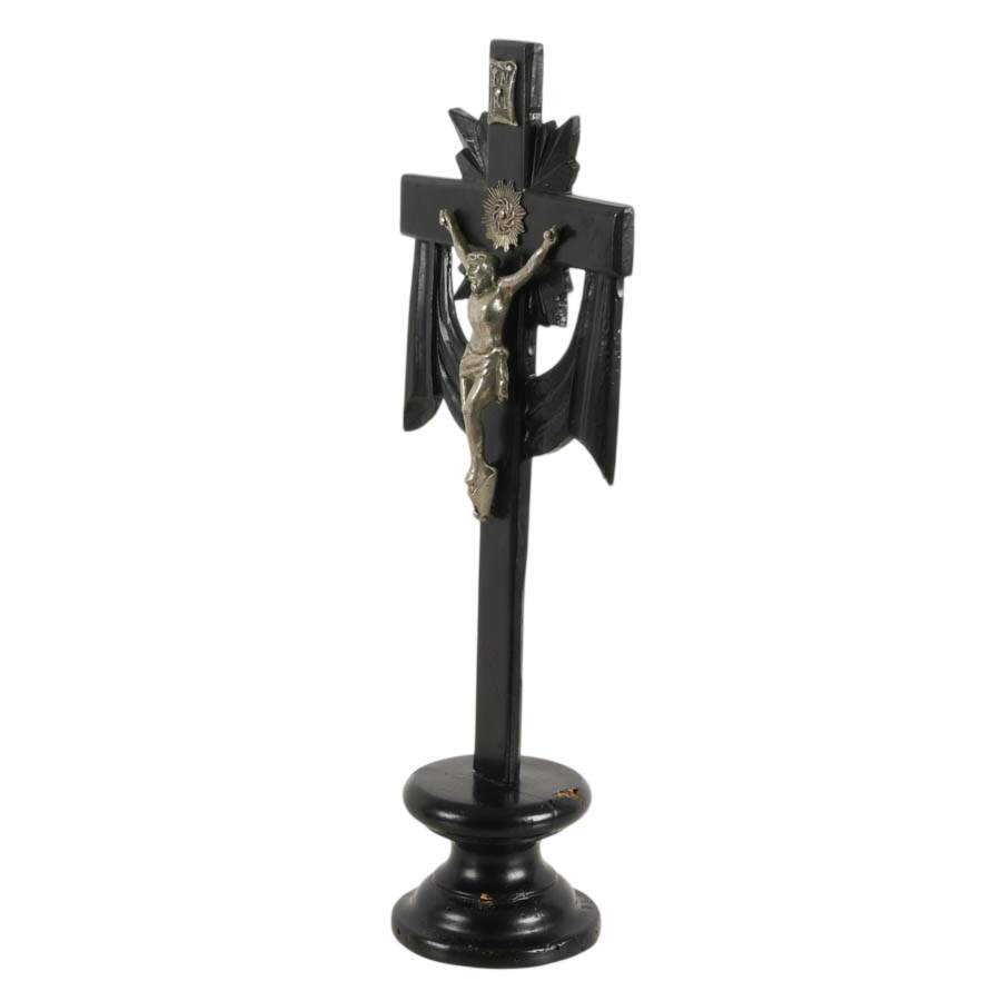 Antique Black Forest Carved Wood Standing Altar Cross-2