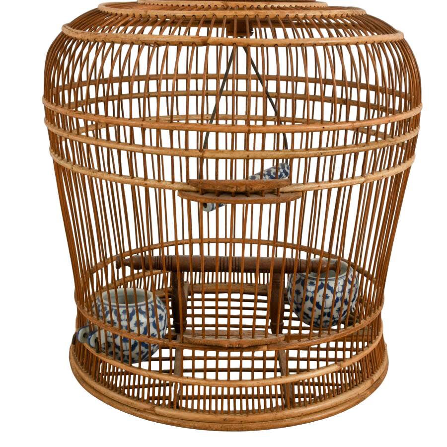 Maitland-Smith Style Rattan Birdcage with Blue and White Porcelain Accents-7