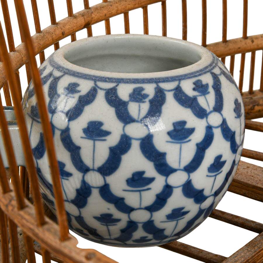 Maitland-Smith Style Rattan Birdcage with Blue and White Porcelain Accents-5