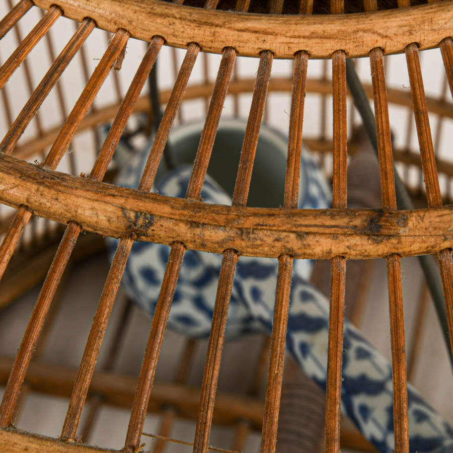 Maitland-Smith Style Rattan Birdcage with Blue and White Porcelain Accents-2