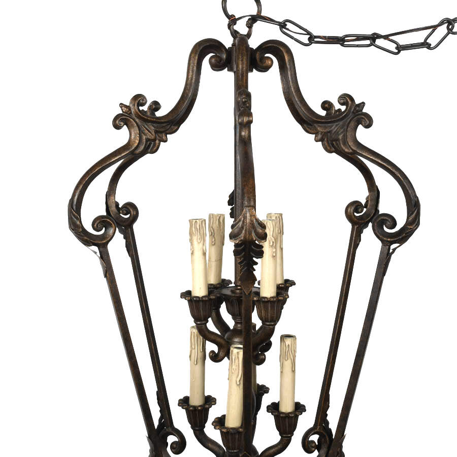 Spanish Revival-Style Wrought Iron Lantern Cage Chandelier-4