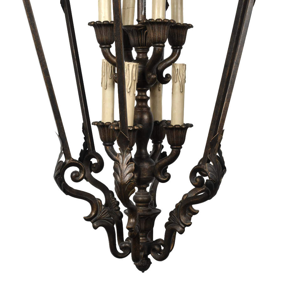 Spanish Revival-Style Wrought Iron Lantern Cage Chandelier-3