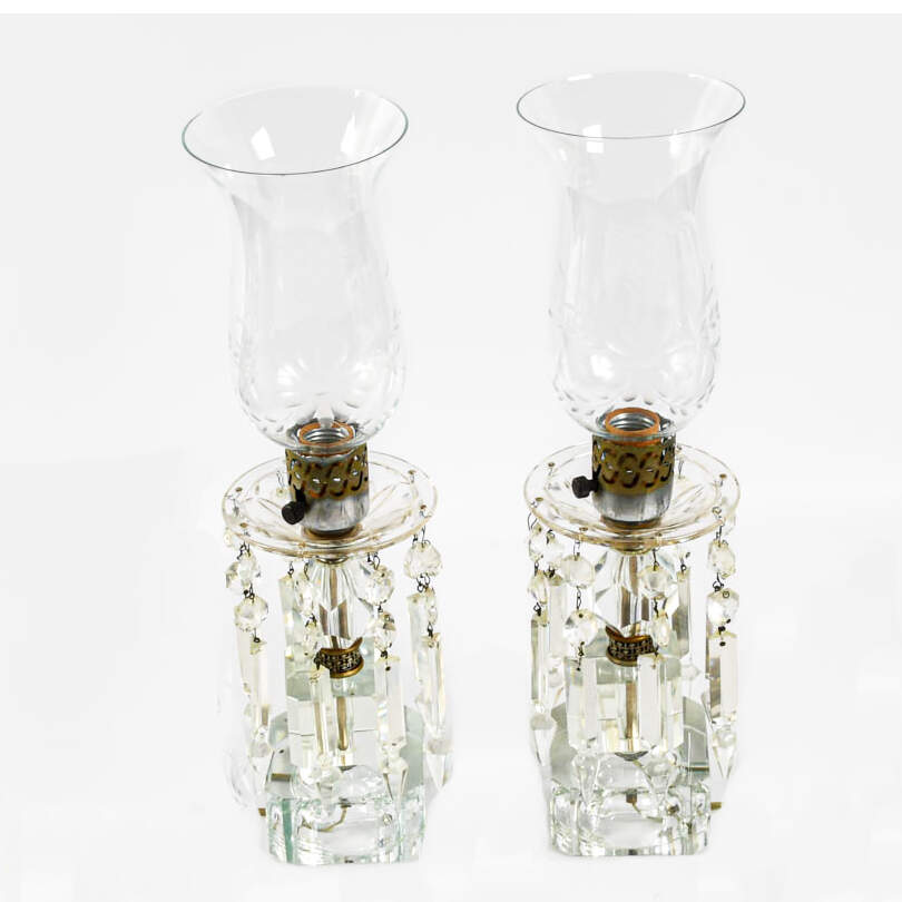 Pair of Crystal and Prism Hurricane Table Lamps-3