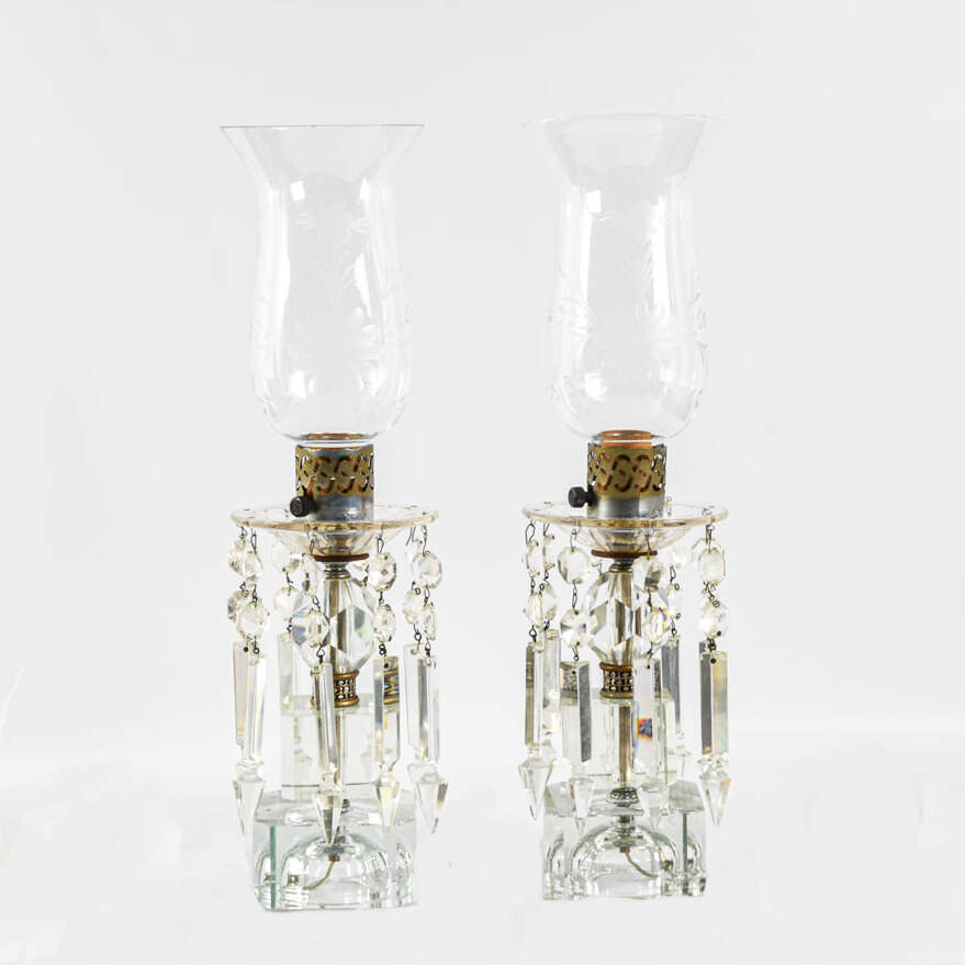 Pair of Crystal and Prism Hurricane Table Lamps-1