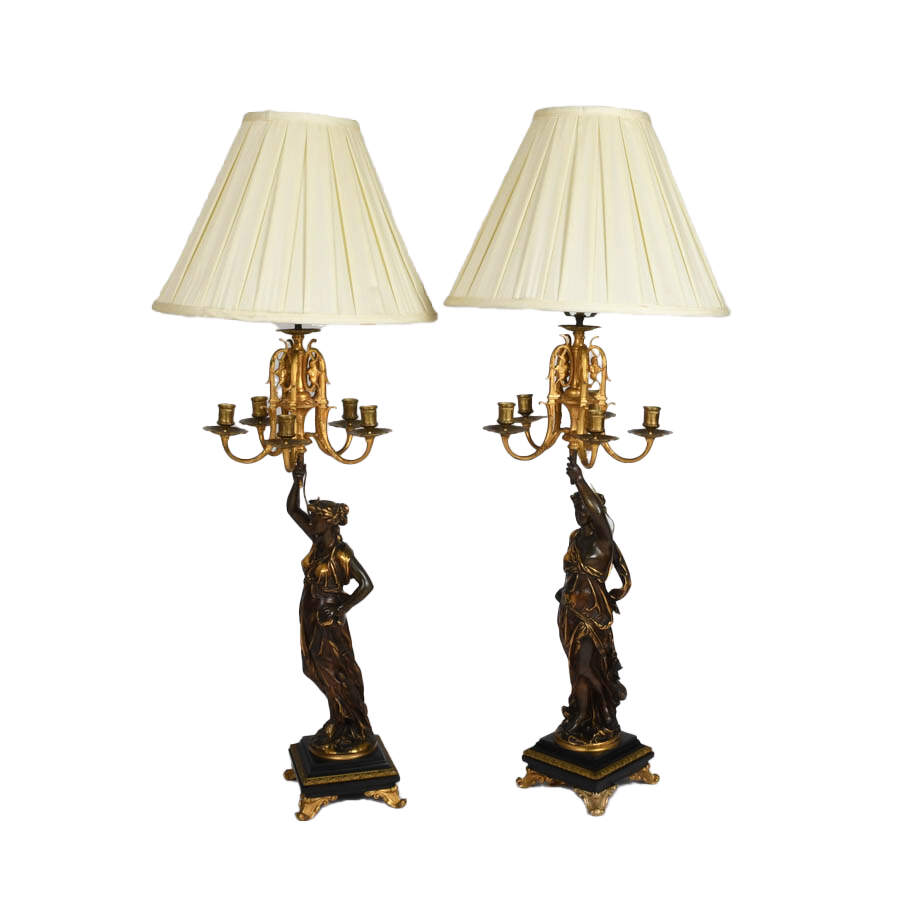 Pair of French Bronze Figural Candelabras Table Lamps-3