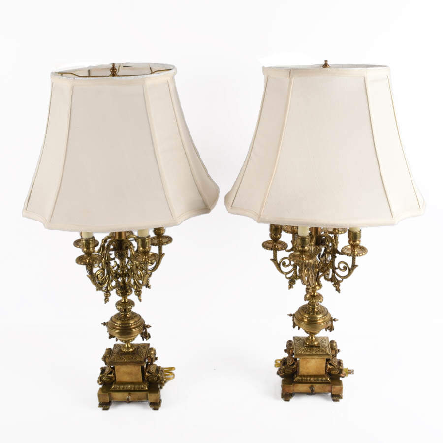 Antique Pair of Ornate Bronze and Brass Candelabra Lamps-2
